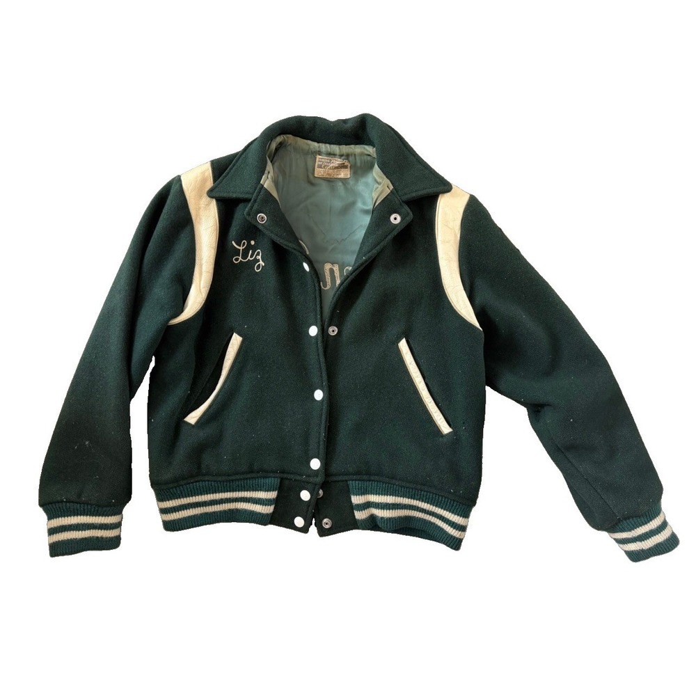 Vintage 1980s Allen Park Varsity Letterman Jacket Wool Green Medium